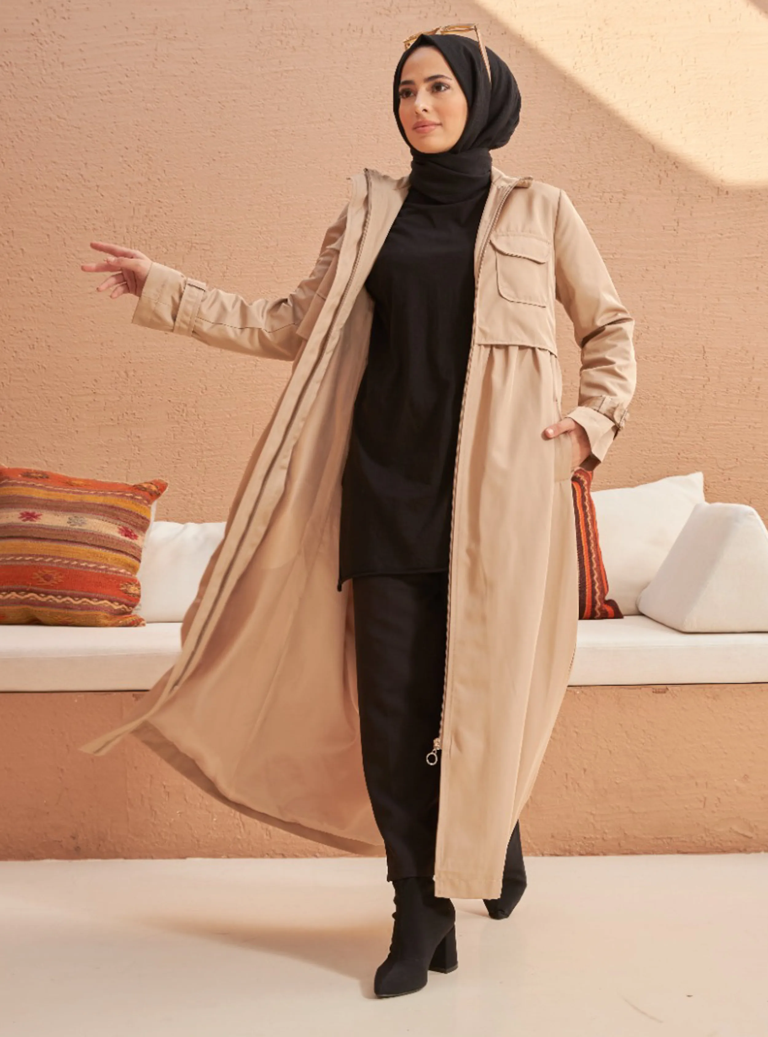 Beige - Crew neck - Trench Coat