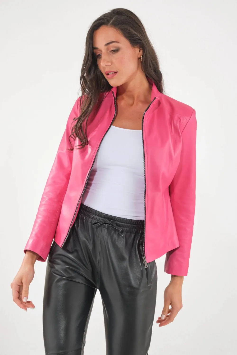 Blouson cuir rose col officier, Cesare Nori - BEGONIA BIS Rose | Cesare Nori