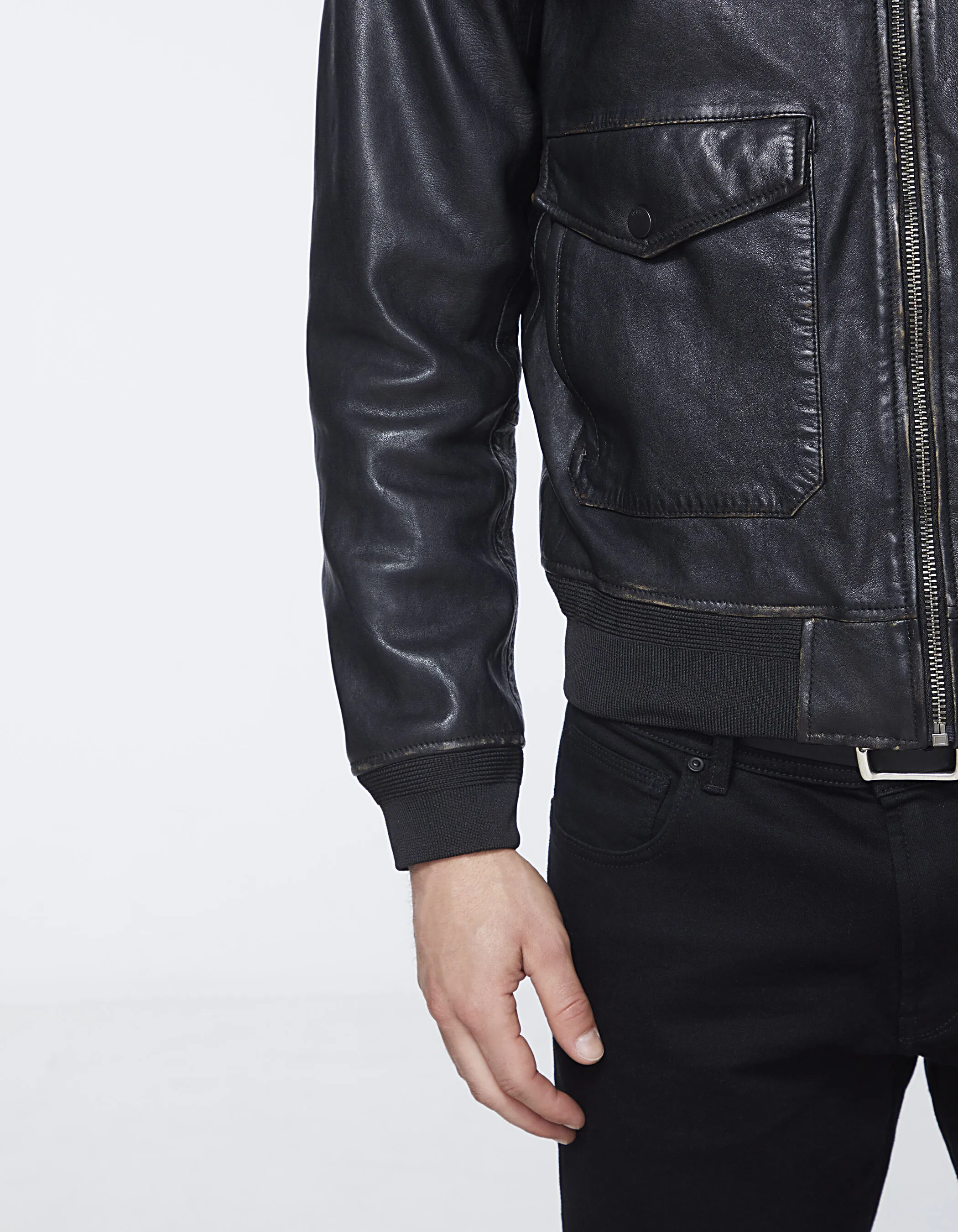 Blouson noir en cuir col Sherpa Homme