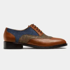 Chaussures Richelieu à bout golf en tweed et cuir marron et bleu