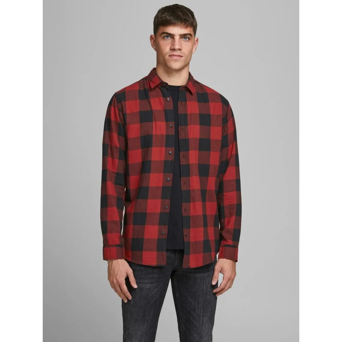 Chemise à carreaux Slim Fit Col chemise Manches longues Rouge foncé en coton Zane Jack & Jones - Chemise Homme sur