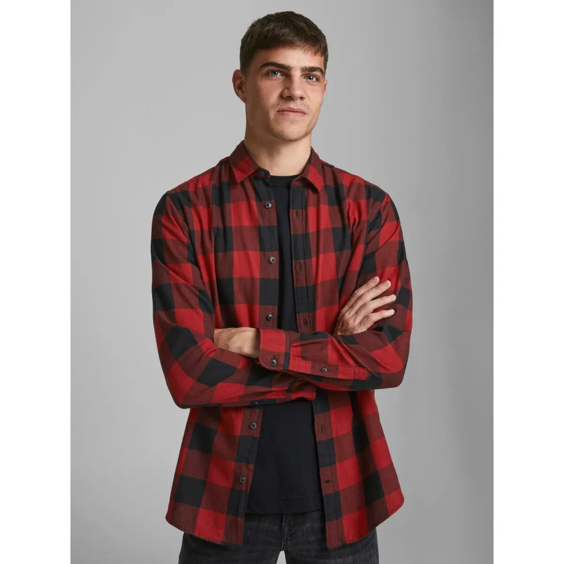 Chemise à carreaux Slim Fit Col chemise Manches longues Rouge foncé en coton Zane Jack & Jones - Chemise Homme sur