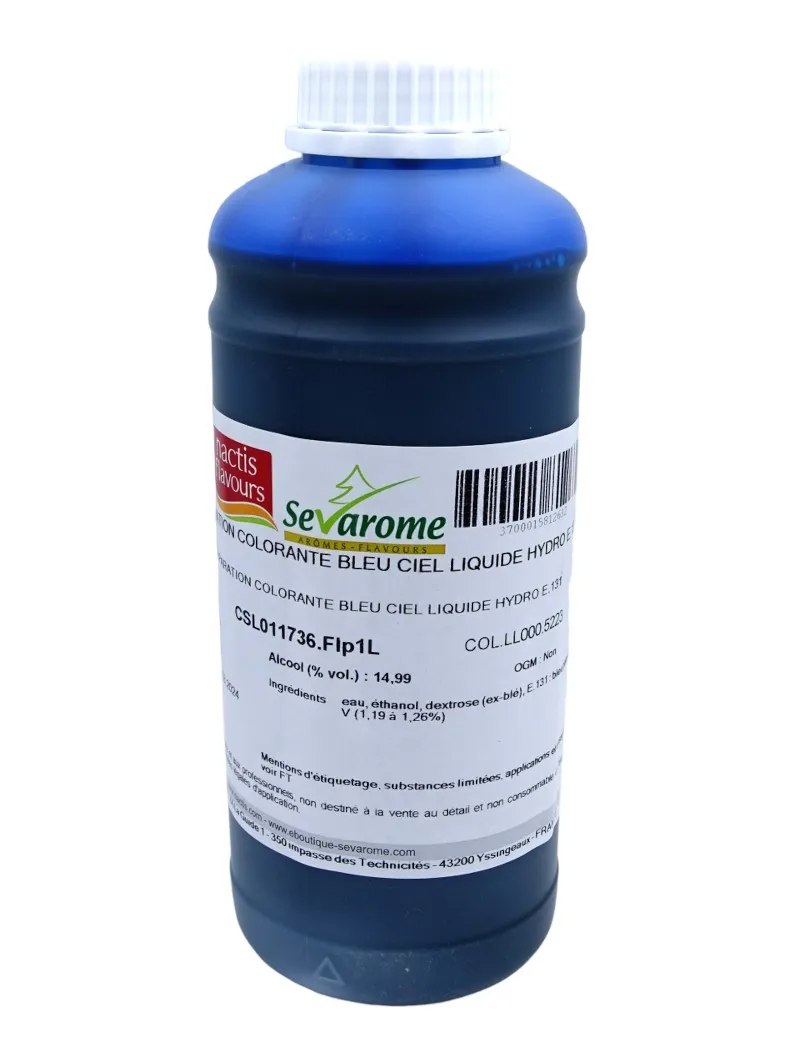 Colorant alimentaire bleu ciel liquide hydrosoluble professionnel 5223 - Couleur Bleu ciel - Contenance 1 L - Pâtisserie 