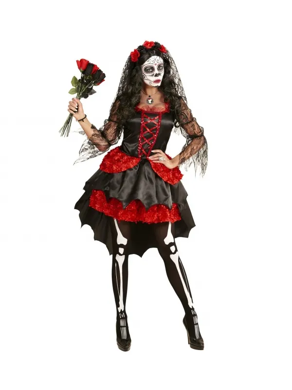 Déguisement fiancée jour des morts, femme (robe rouge et noire, voile fleuri)