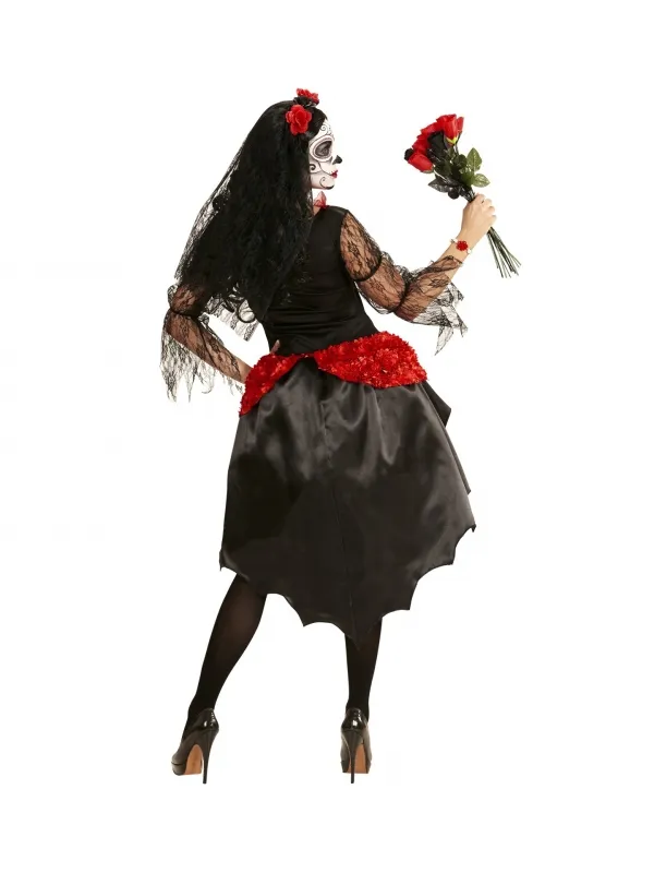 Déguisement fiancée jour des morts, femme (robe rouge et noire, voile fleuri)