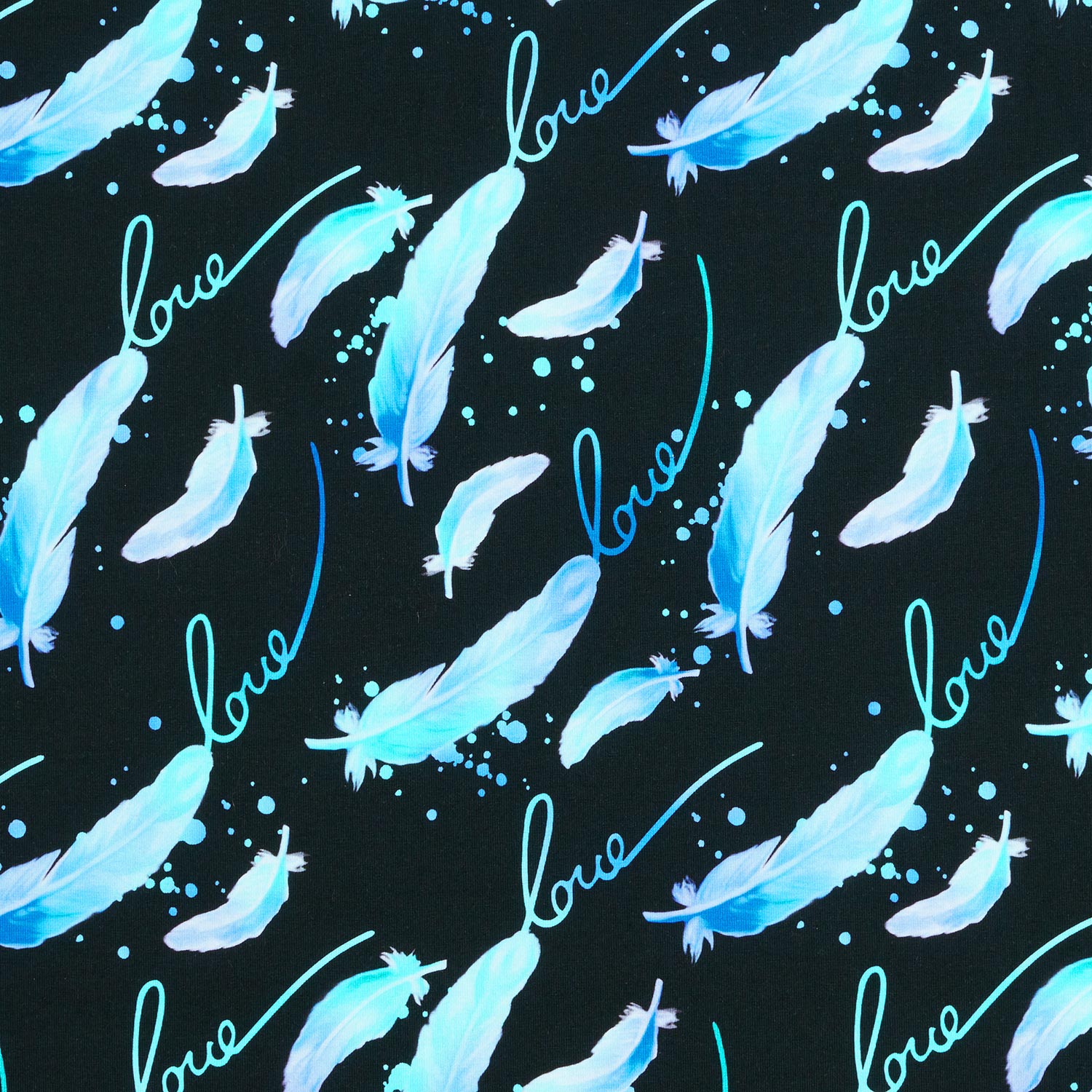 French Terry Sweat d’été Plumes d’amour | Glitzerpüppi – noir/bleu aqua