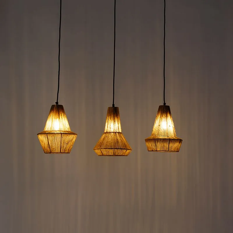 Lampe suspendue rurale corde 3 lumières allongée - Jenthe