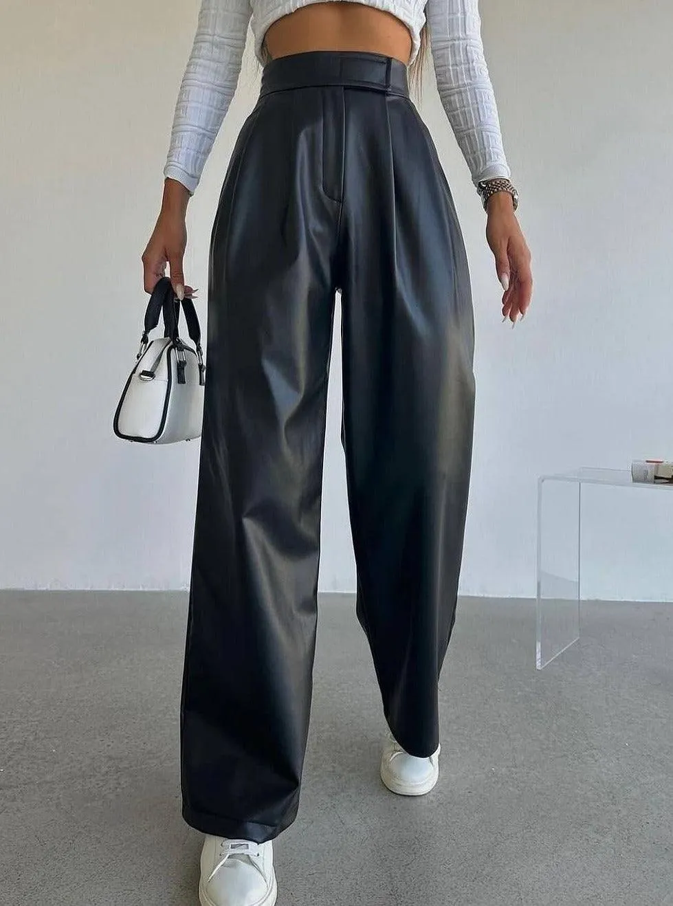 PANTALON PALAZZO SIMILICUIR NOIR