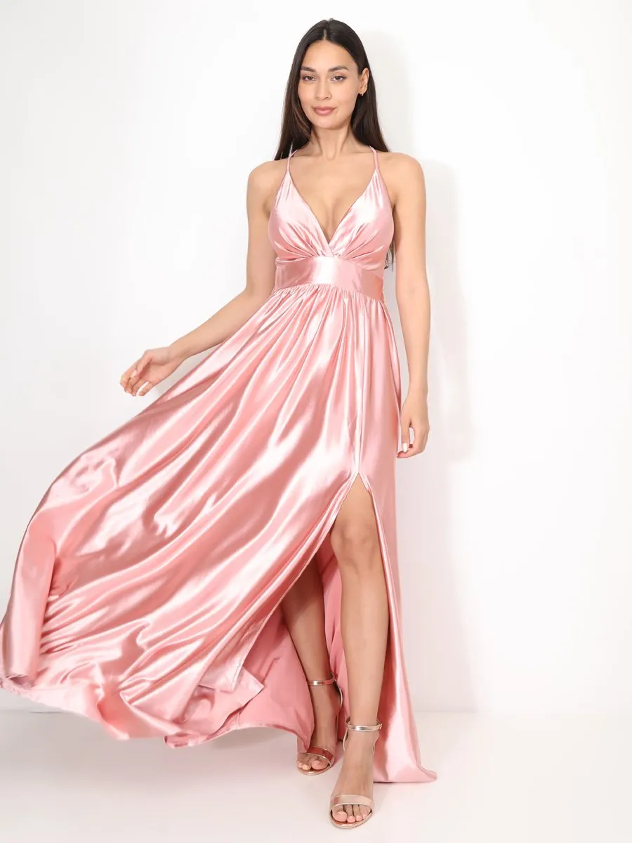 Robe de cérémonie satinée et fendue- Vieux rose