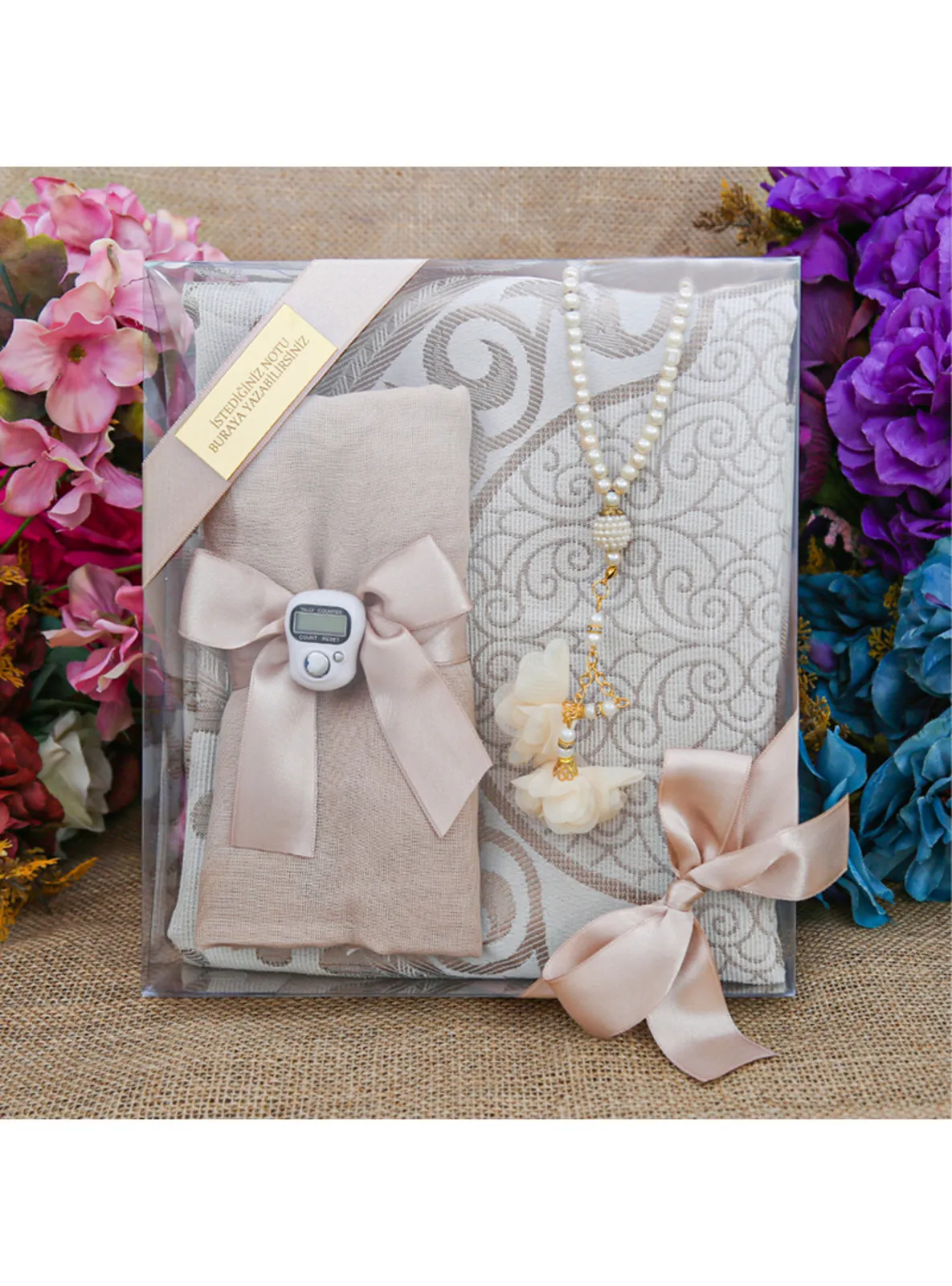 Silk Nur Taffeta Prayer Rug Mink & Pearl Rosary Tasbih Rose Mink & Mink Shawl & Zikr Counter