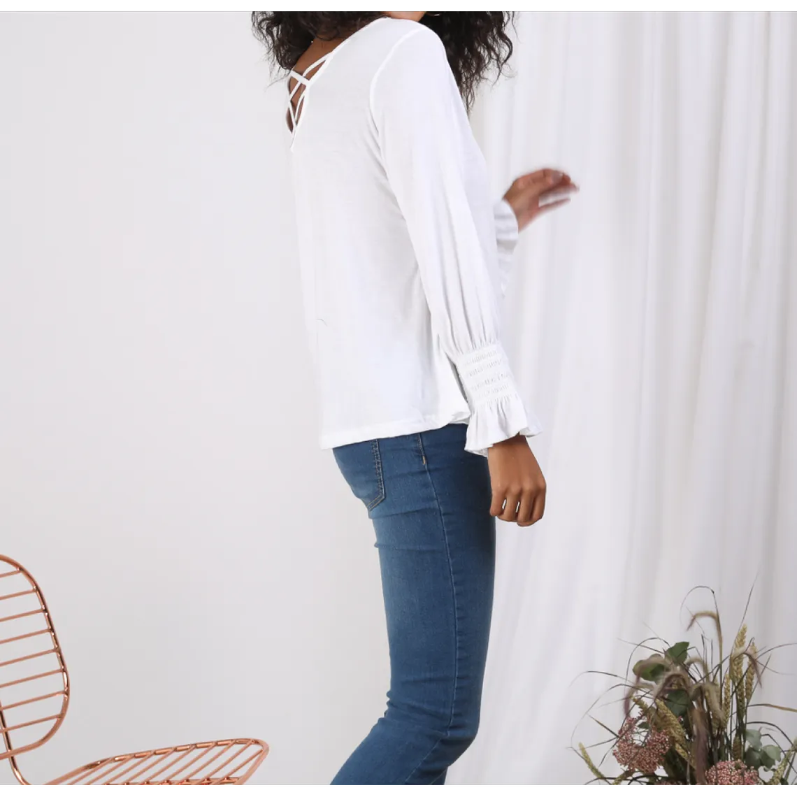 Tee-shirt dos en V lanières croisées manches longues nid d'abeille femme - Blanc | 3 Suisses